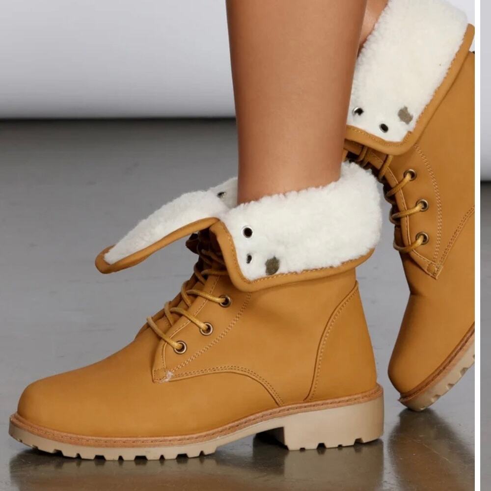 Unbranded Tan Faux Fur Foldover Winter Combat Boots Lace-Up Ankle Booties Size 9
